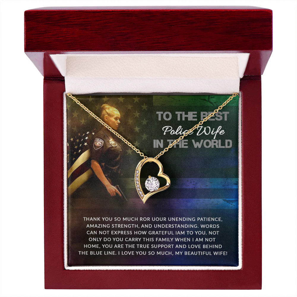 Police Wife Love Support Forever Love CZ Heart Necklace Yellow Gold Luxury Box